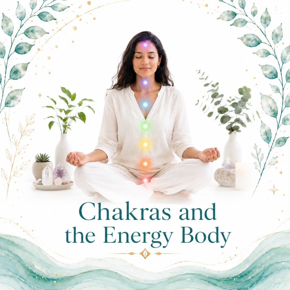 Chakras and the Energy Body image for Twillow Lifestyle Academy featuring a meditating person with illuminated chakra centres, teal botanicals, gold accents, and a bright white background.