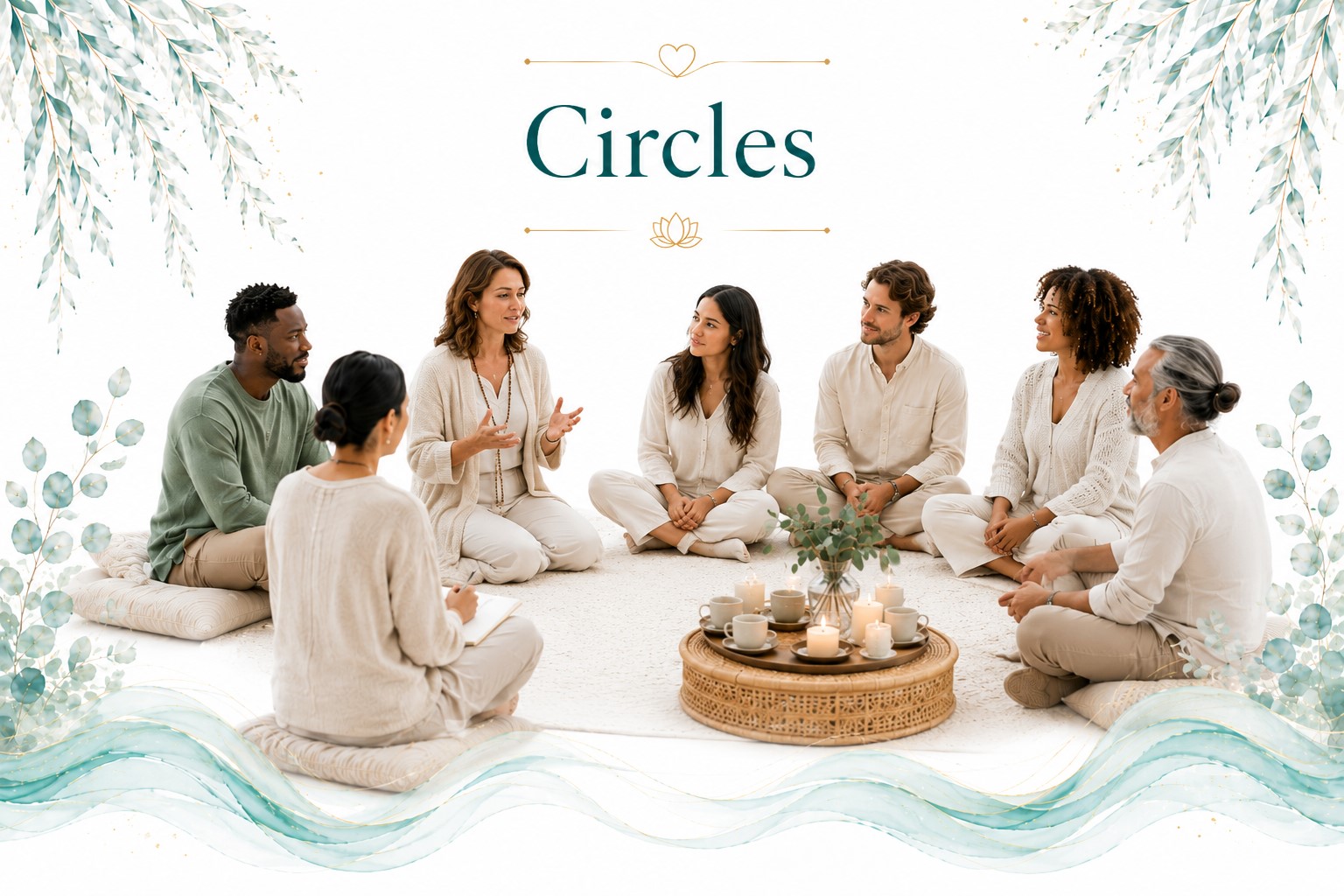 Circles image for Twillow Lifestyle Community featuring a diverse group seated in a peaceful sharing circle with tea, candles, teal botanicals, gold accents, and a bright white background.