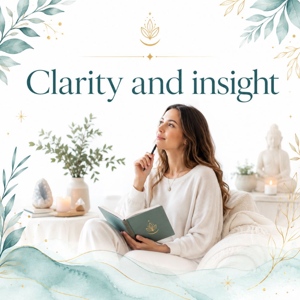 Clarity and insight image for Twillow Lifestyle Community featuring a peaceful spiritual guidance setting with cards, journal, candles, crystals, teal botanicals, gold accents, and a bright white background.