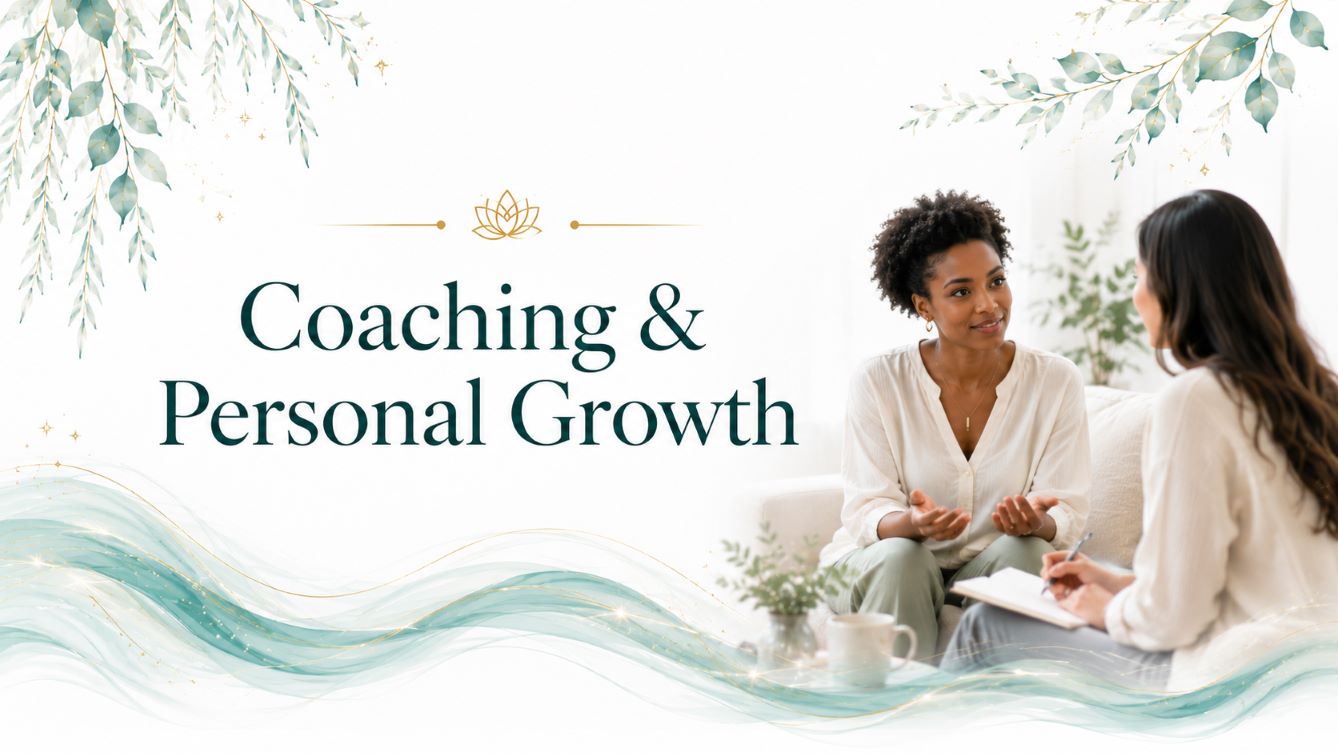Coaching and Personal Growth image for Twillow Lifestyle Community featuring a supportive one-to-one coaching conversation with teal botanicals, soft gold accents, and a bright white background.