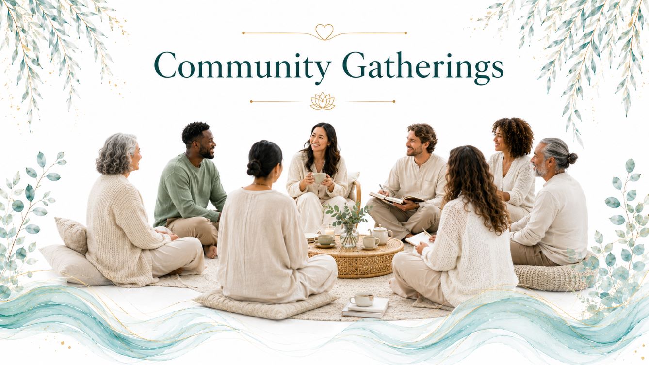 Community Gatherings image for Twillow Lifestyle Community featuring a diverse group seated in a peaceful circle with tea, journals, teal botanicals, gold accents, and a bright white background.