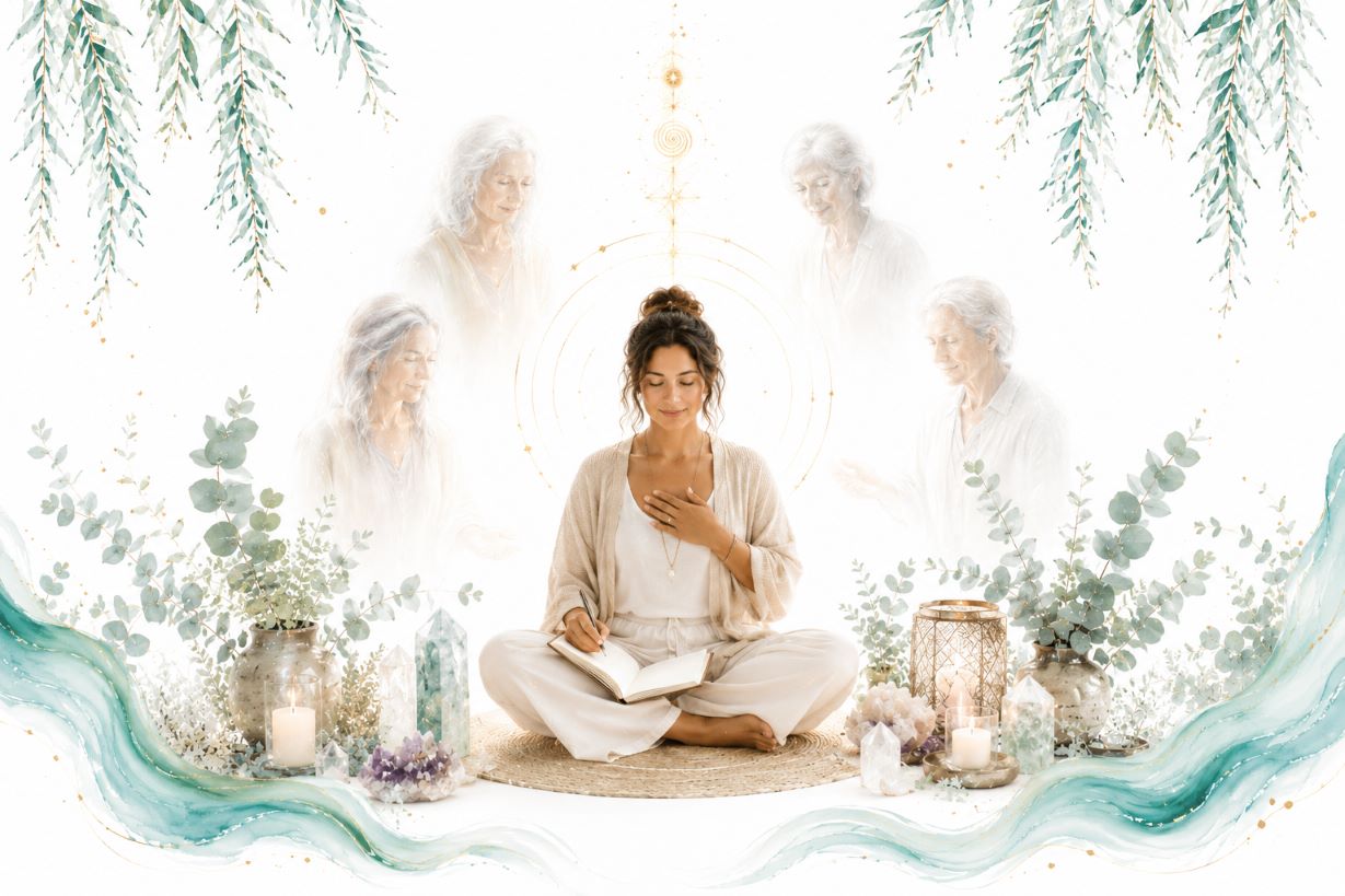 Connecting with Spiritual Guides and Higher Wisdom image for Twillow Lifestyle Academy featuring a woman seated in meditation and journaling with subtle spiritual guide imagery, crystals, candles, teal botanicals, gold accents, and a bright white background.