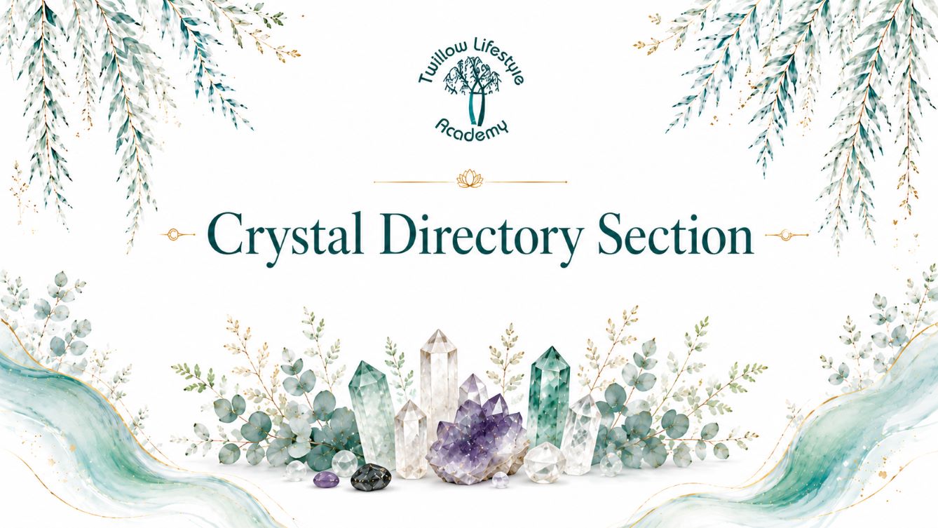Crystal Directory Section cover image for Twillow Lifestyle Academy featuring crystals, eucalyptus botanicals, teal watercolour waves, gold accents, and a bright white background.