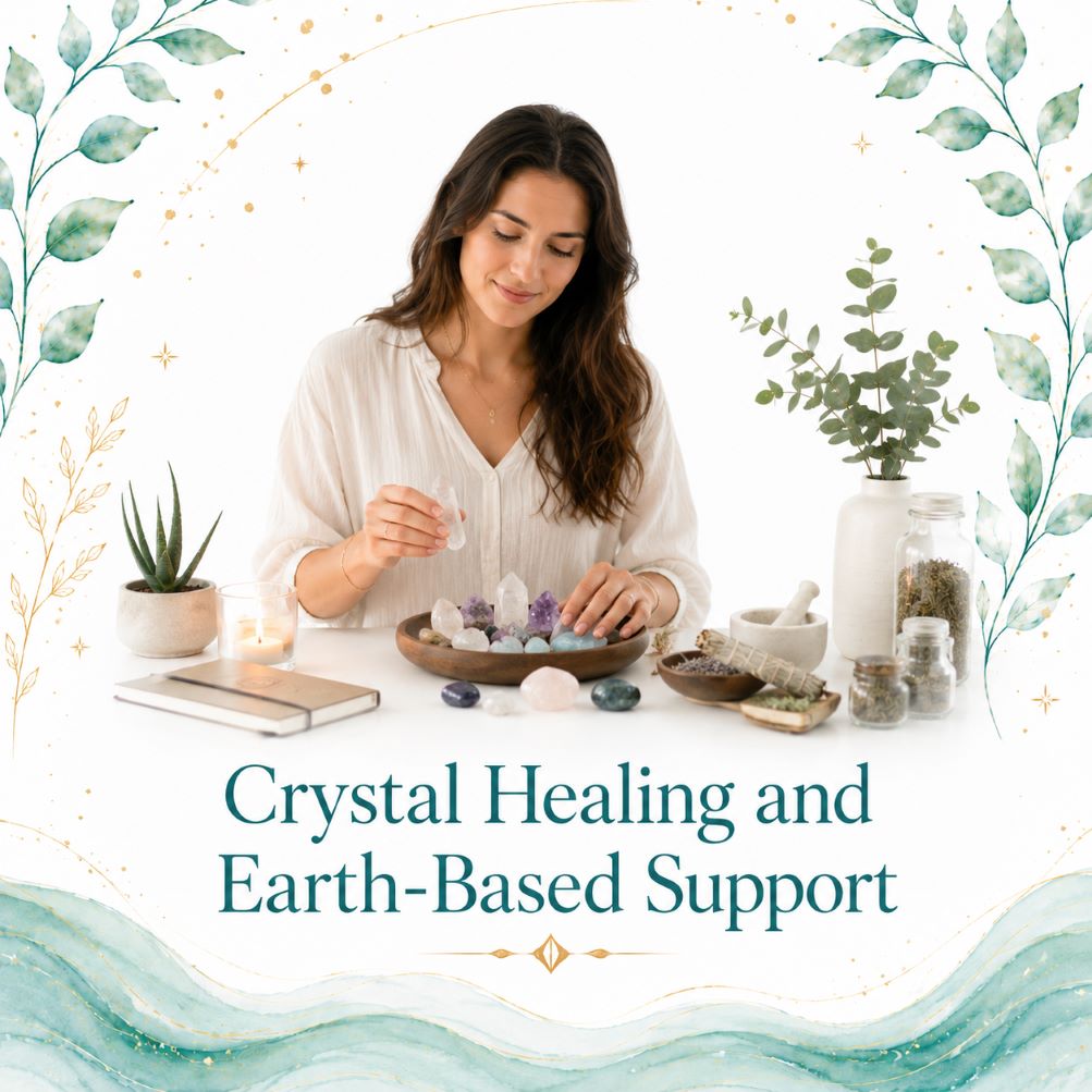 Crystal Healing and Earth-Based Support image for Twillow Lifestyle Academy featuring a person working with crystals, herbs, a singing bowl, teal botanicals, gold accents, and a bright white background.
