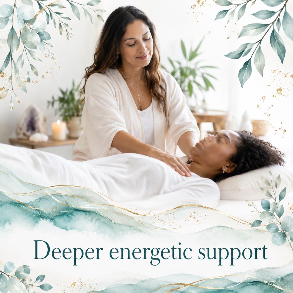 Deeper energetic support image for Twillow Lifestyle Community featuring a practitioner offering gentle hands-on energy work in a calm healing setting with teal botanicals and gold accents.