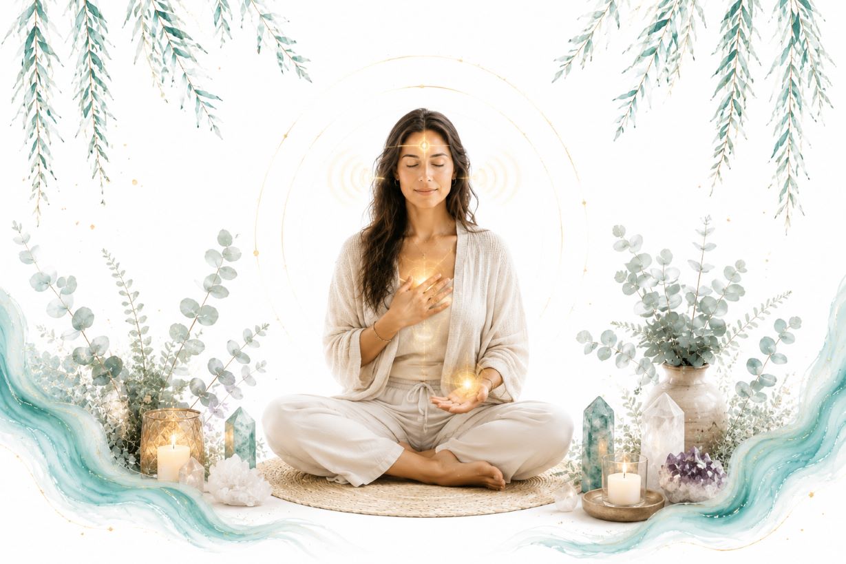 Developing Your Intuitive Senses image for Twillow Lifestyle Academy featuring a woman seated in meditation with candles, crystals, teal botanicals, gold accents, and a bright white background.