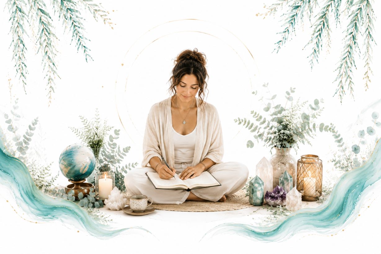 Discernment and Ethical Practice image for Twillow Lifestyle Academy featuring a woman journaling in a calm spiritual setting with crystals, candles, a globe, teal botanicals, gold accents, and a bright white background.