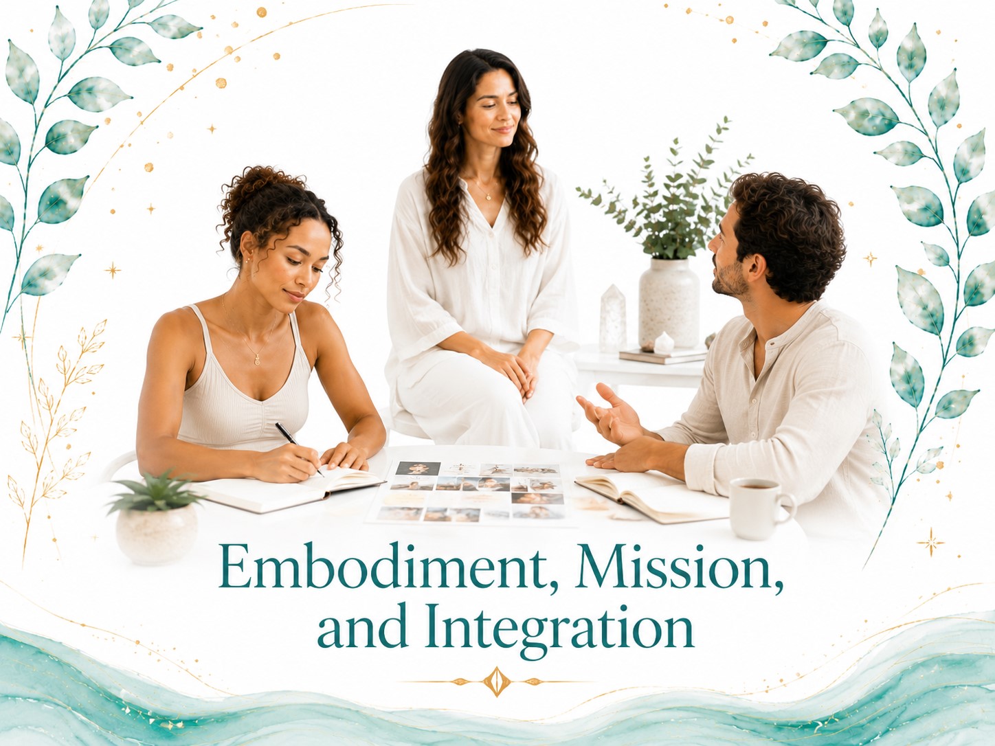 Embodiment, Mission, and Integration image for Twillow Lifestyle Academy featuring a diverse group in reflective discussion with journals, cards, teal botanicals, gold accents, and a bright white background.