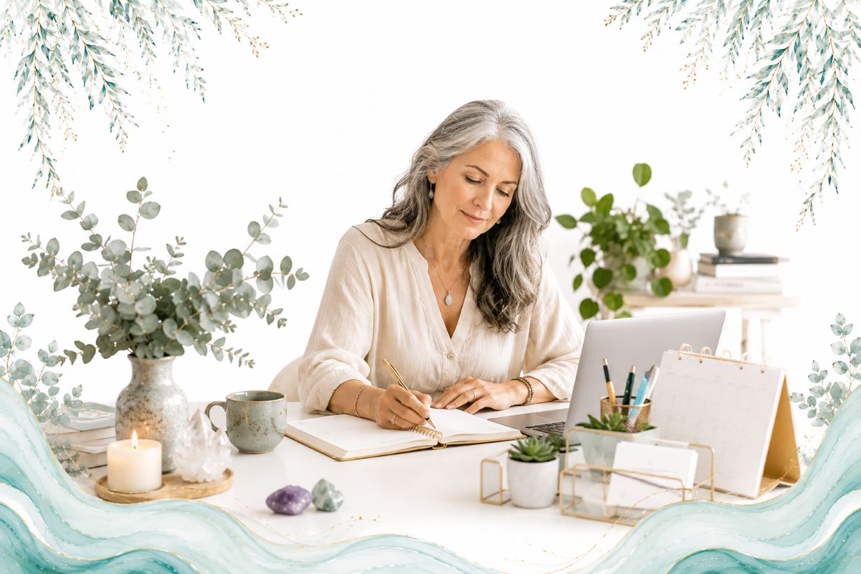 Energetic Boundaries in Business image for Twillow Lifestyle Academy featuring a woman planning in a calm workspace with stationery, crystals, candles, teal botanicals, gold accents, and a bright white background.