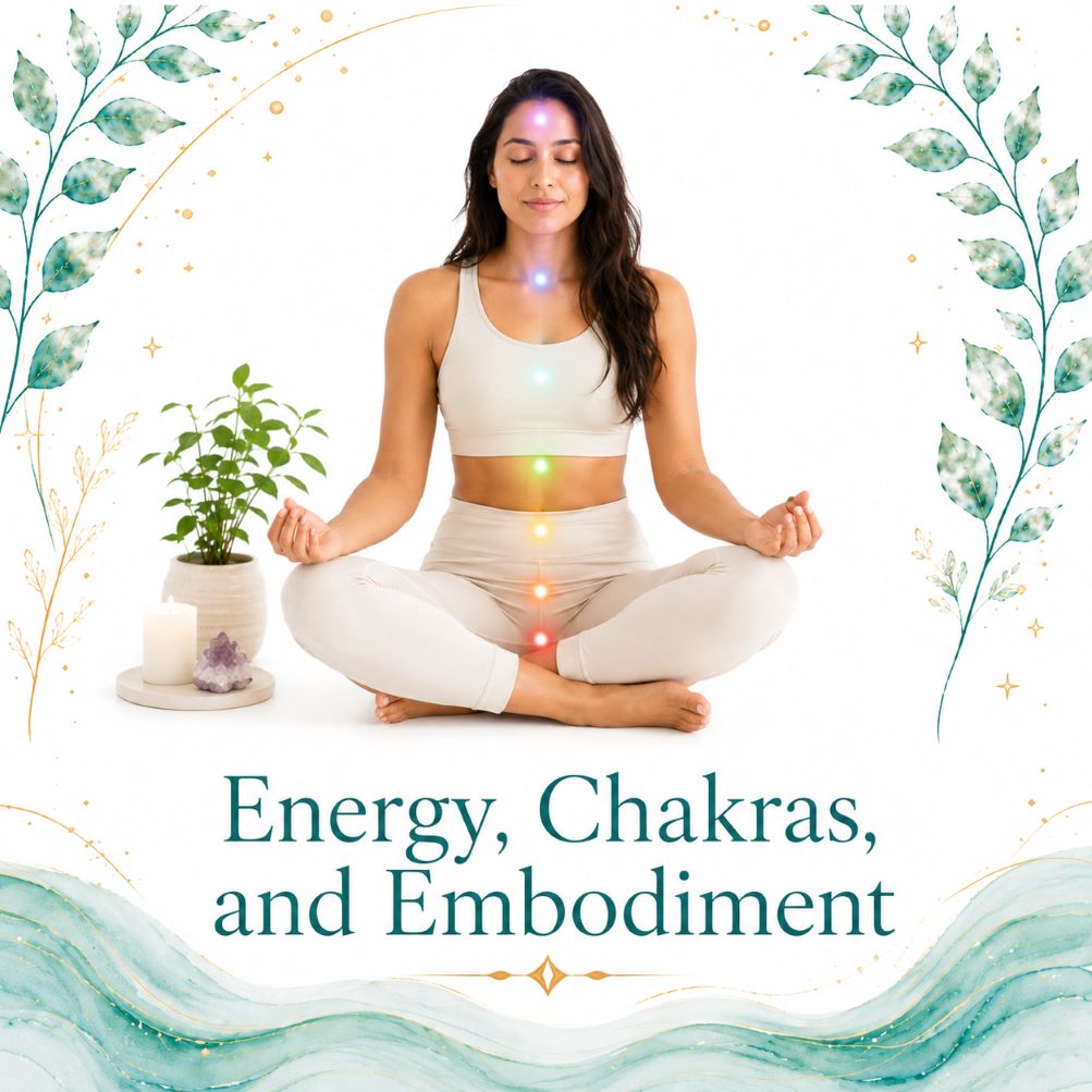 Energy, Chakras, and Embodiment image for Twillow Lifestyle Academy featuring a woman seated in meditation with illuminated chakra centres, teal botanicals, gold accents, and a bright white background.