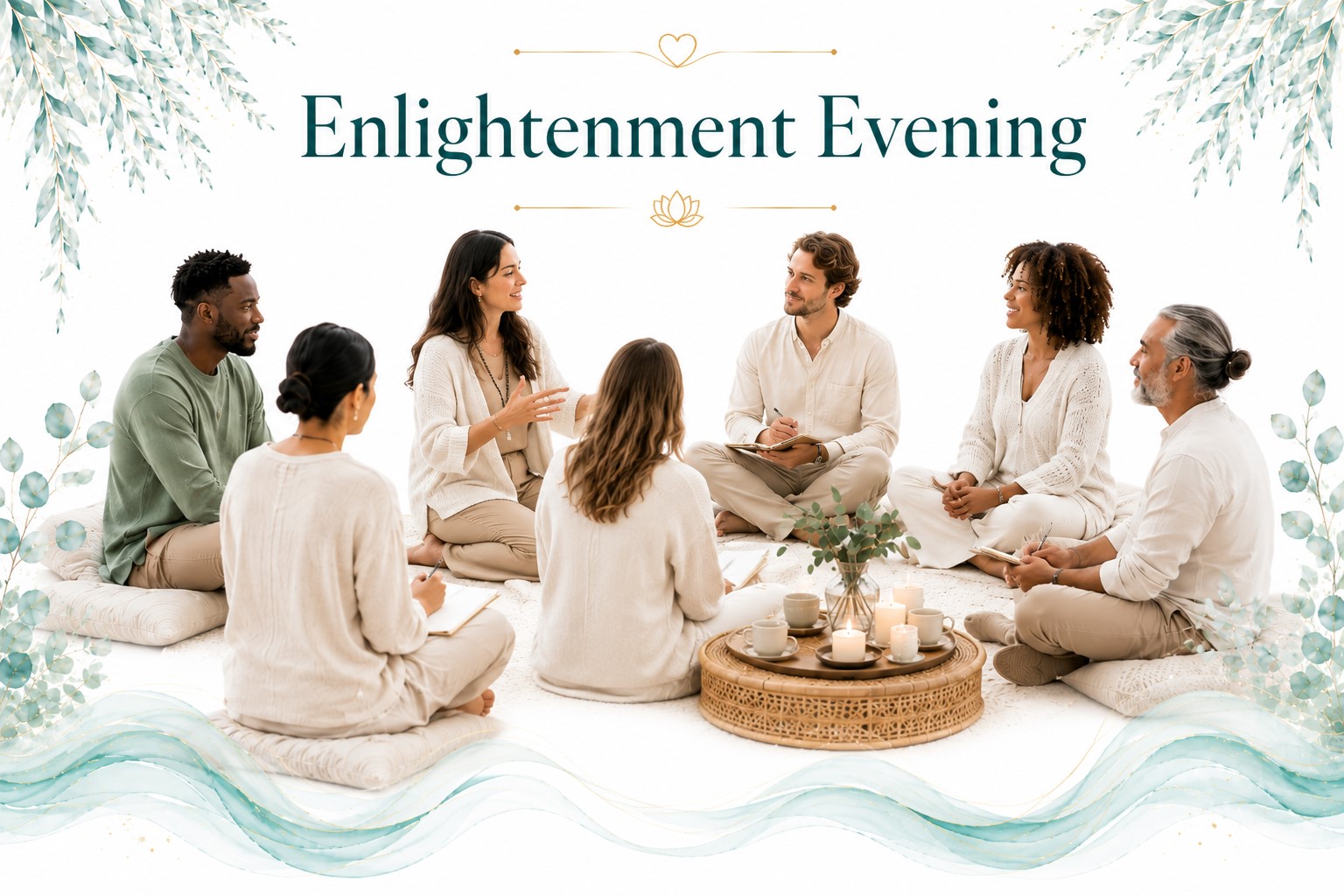 Enlightenment Evening image for Twillow Lifestyle Community featuring a diverse group seated in a peaceful discussion circle with tea, candles, journals, teal botanicals, gold accents, and a bright white background.