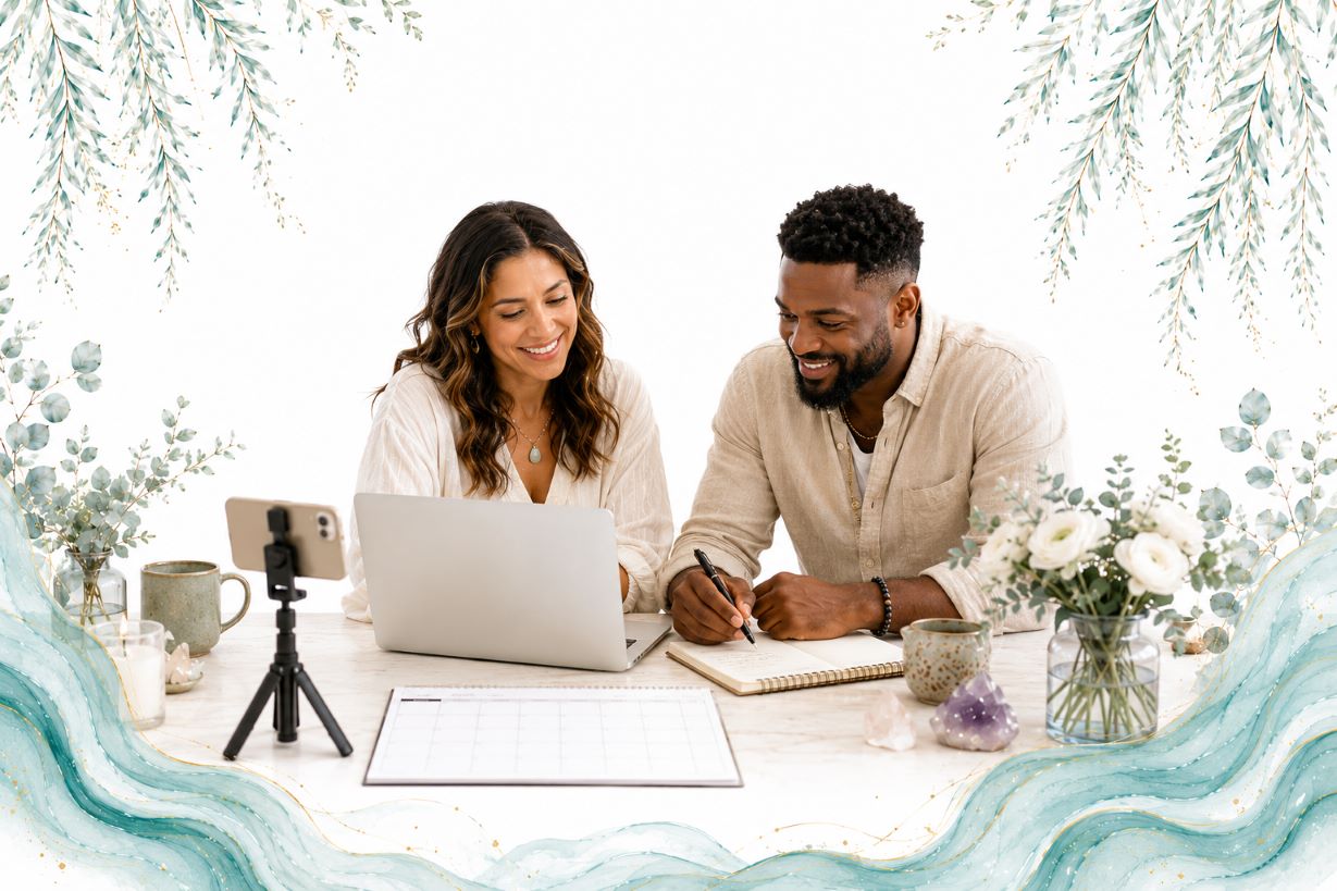 Ethical Marketing and Visibility image for Twillow Lifestyle Academy featuring two people planning heart-led marketing content with a laptop, camera, journal, crystals, teal botanicals, gold accents, and a bright white background.