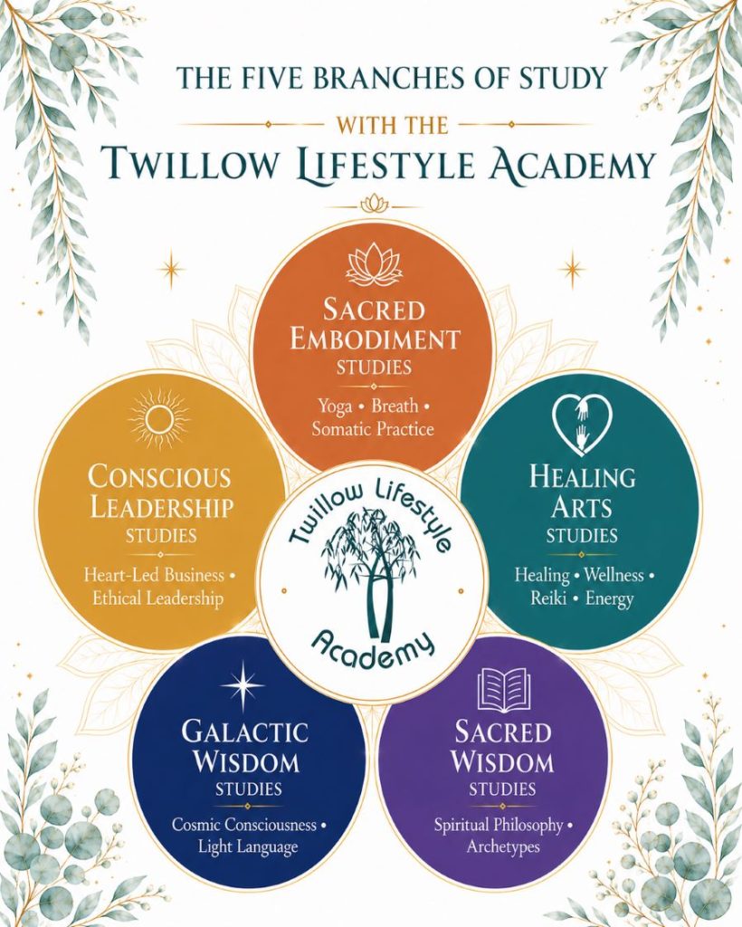 Five Branches of Study image for Twillow Lifestyle Academy showing Sacred Embodiment, Healing Arts, Sacred Wisdom, Galactic Wisdom, and Conscious Leadership studies around the Academy logo.