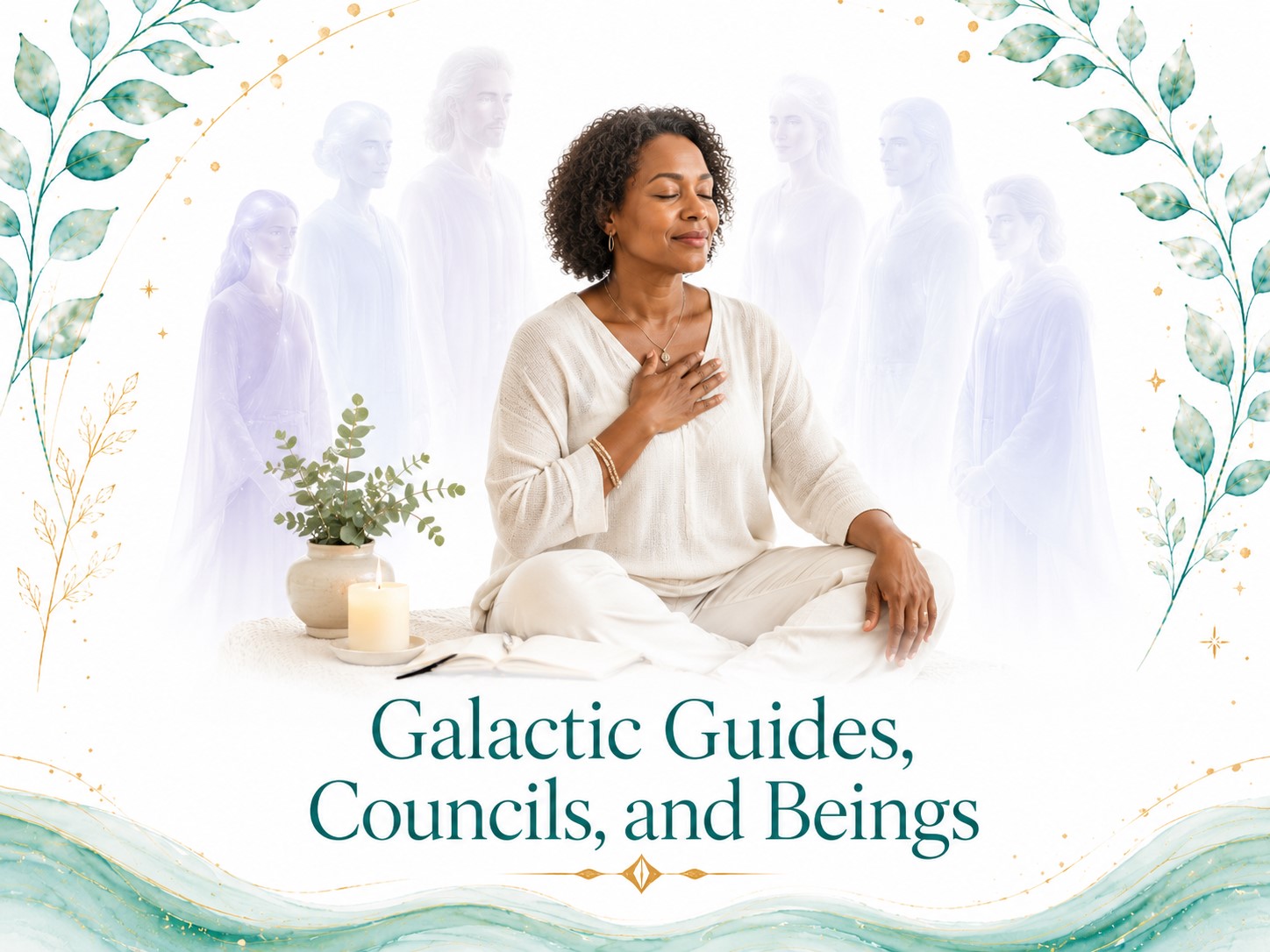 Galactic Guides, Councils, and Beings image for Twillow Lifestyle Academy featuring a woman in meditation with subtle luminous beings, teal botanicals, gold accents, and a bright white background.