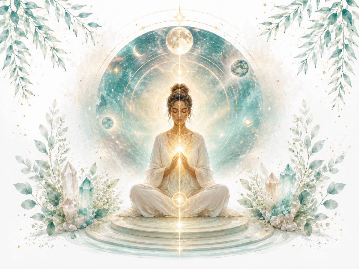Galactic Healing Classes image for Twillow Lifestyle Academy featuring a meditating figure surrounded by cosmic light, planets, crystals, teal botanicals, and gold accents on a white background.