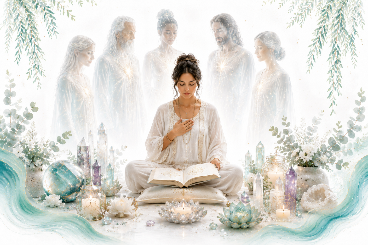 Channeling Basics image for Twillow Lifestyle Academy featuring a meditating person with subtle galactic beings, an open book, crystals, teal botanicals, gold accents, and a bright white background.