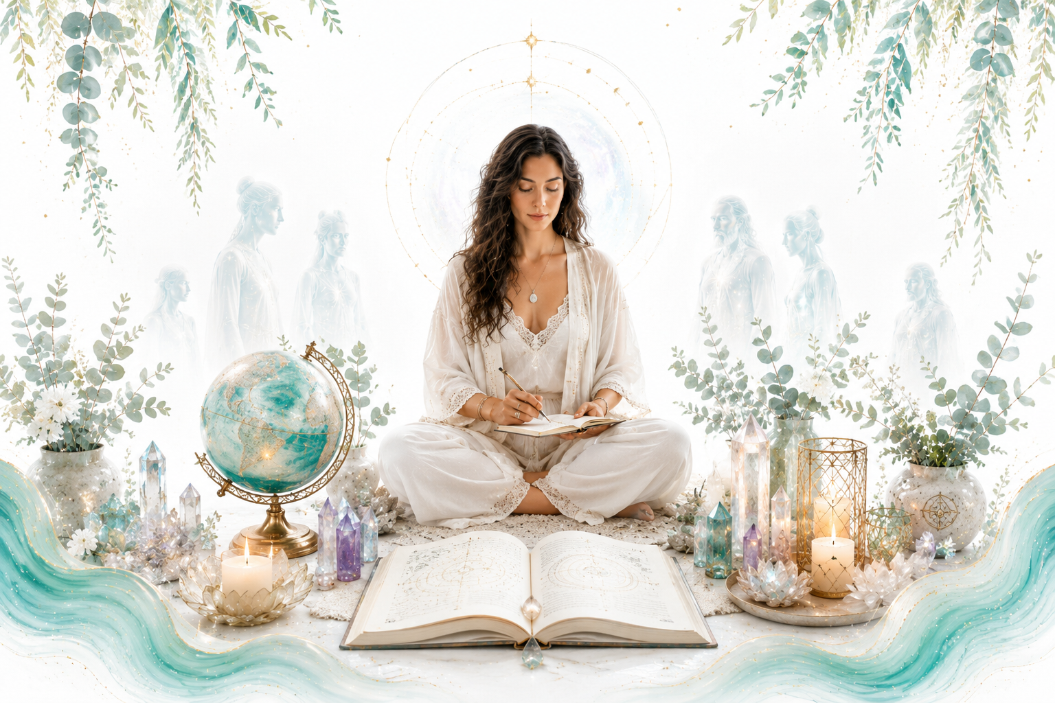 Energy Management and Daily Rituals image for Twillow Lifestyle Academy featuring a meditating woman with an open book, candles, crystals, teal botanicals, gold accents, and a bright white background.