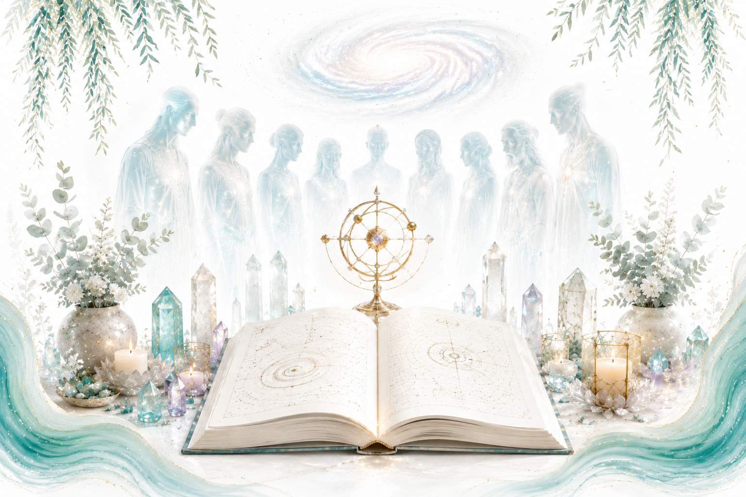 Galactic History and Beings image for Twillow Lifestyle Academy featuring an open book, star beings, crystals, teal botanicals, gold accents, and a bright white background.