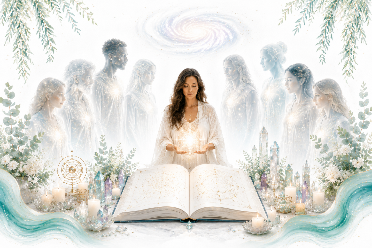 Galactic Team and Lineage image for Twillow Lifestyle Academy featuring a person with subtle galactic beings, an open book, crystals, teal botanicals, gold accents, and a bright white background.