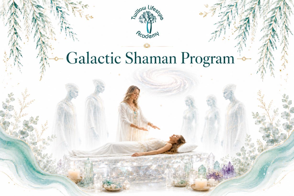 Galactic Shaman Program cover image for Twillow Lifestyle Academy featuring a meditating figure surrounded by soft cosmic light, mountains, teal botanicals, gold accents, and a bright white background.
