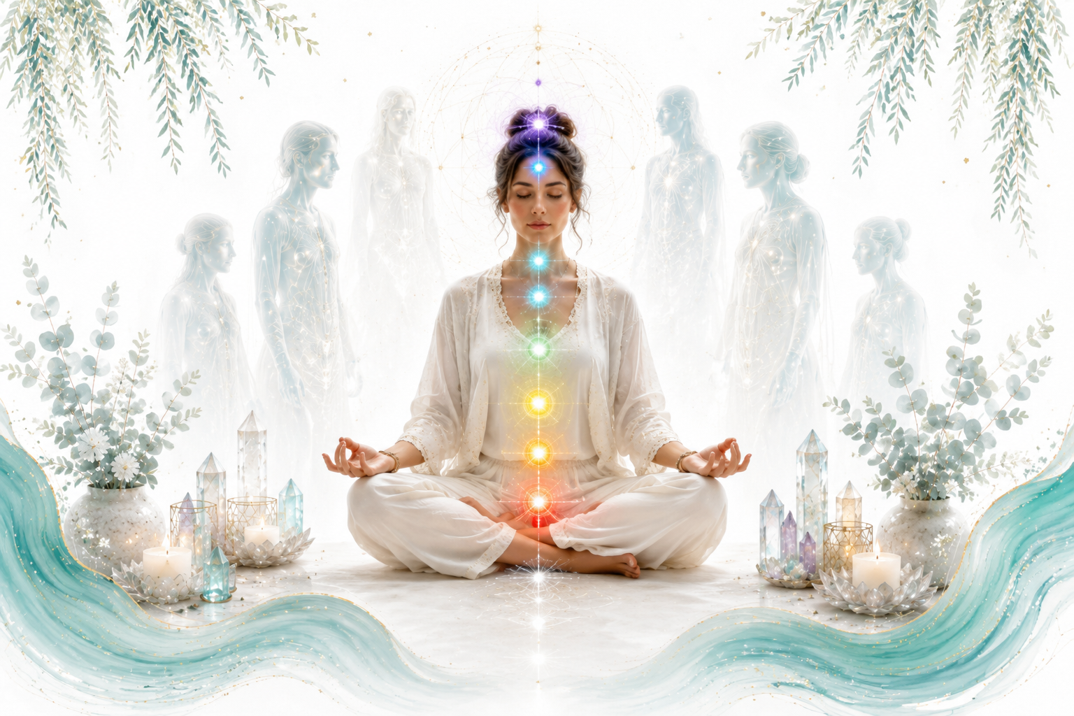 The Extended Energy System image for Twillow Lifestyle Academy featuring a meditating figure with illuminated chakra centres, subtle galactic beings, crystals, teal botanicals, gold accents, and a bright white background.