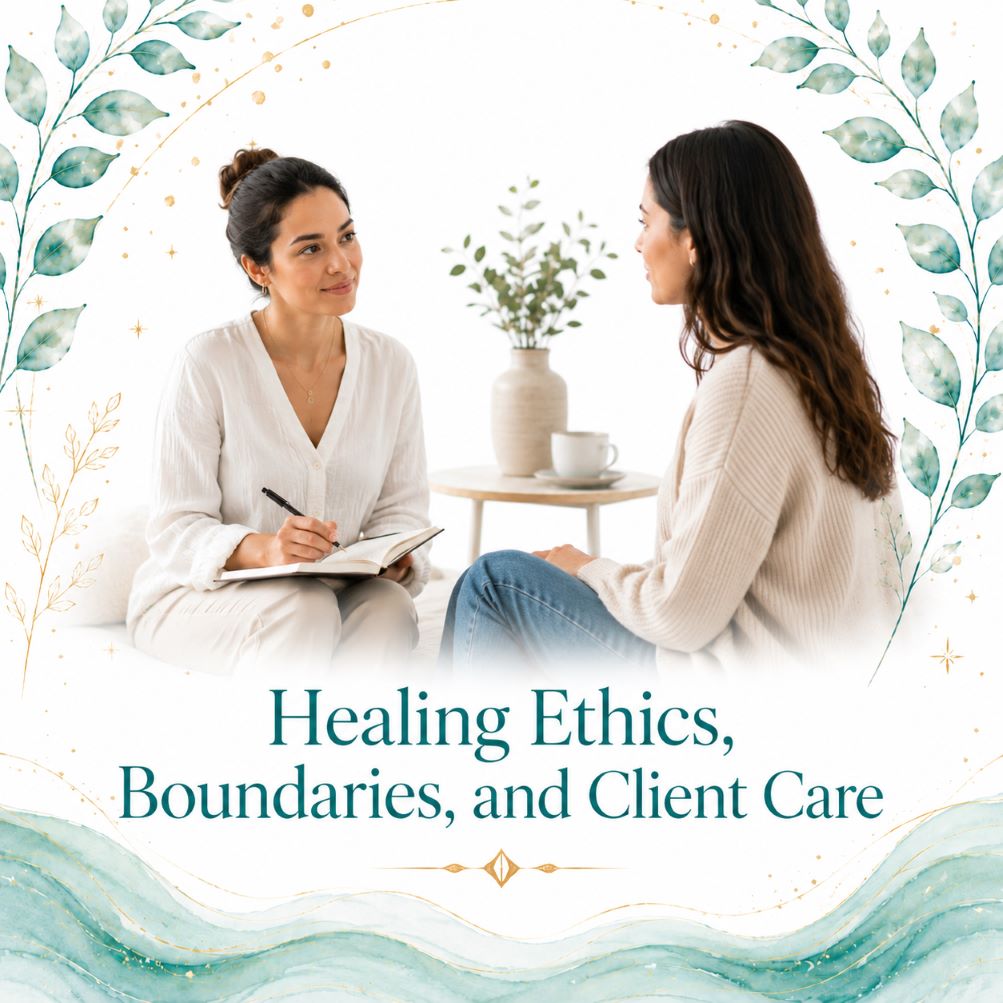 Healing ethics, boundaries, and client care image for Twillow Lifestyle Academy featuring two people in a supportive consultation with a journal, teal botanicals, gold accents, and a bright white background.