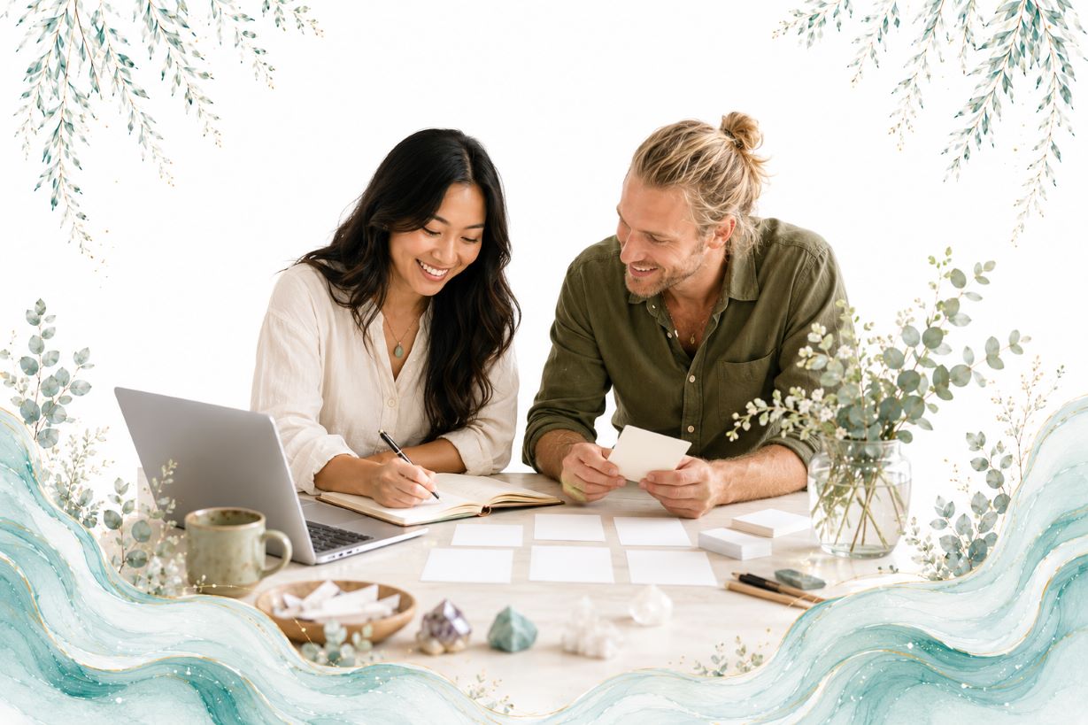 Heart-Led Offer Creation image for Twillow Lifestyle Academy featuring two people creating a heart-led business offer with a laptop, journal, flowers, teal botanicals, gold accents, and a bright white background.