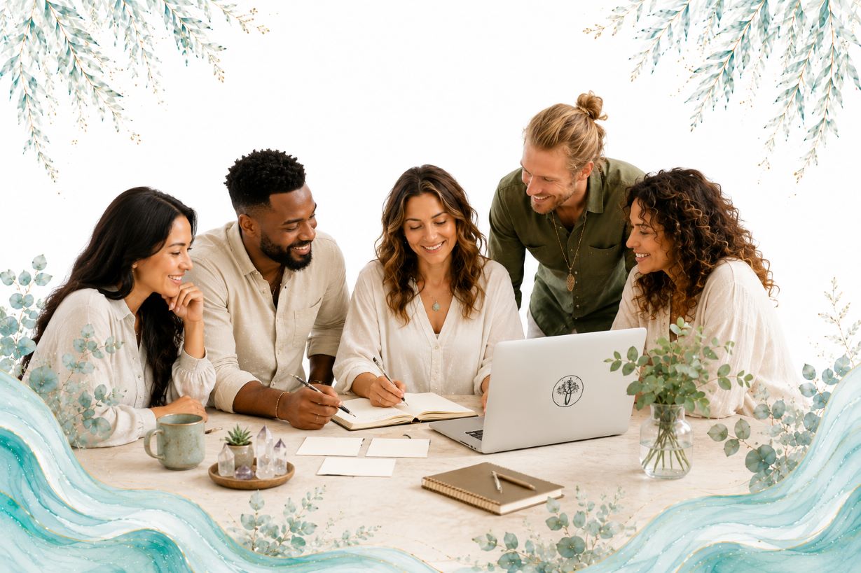 Integration, Action, and Growth image for Twillow Lifestyle Academy featuring a group creating aligned next steps with a laptop, journals, planning cards, flowers, teal botanicals, gold accents, and a bright white background.