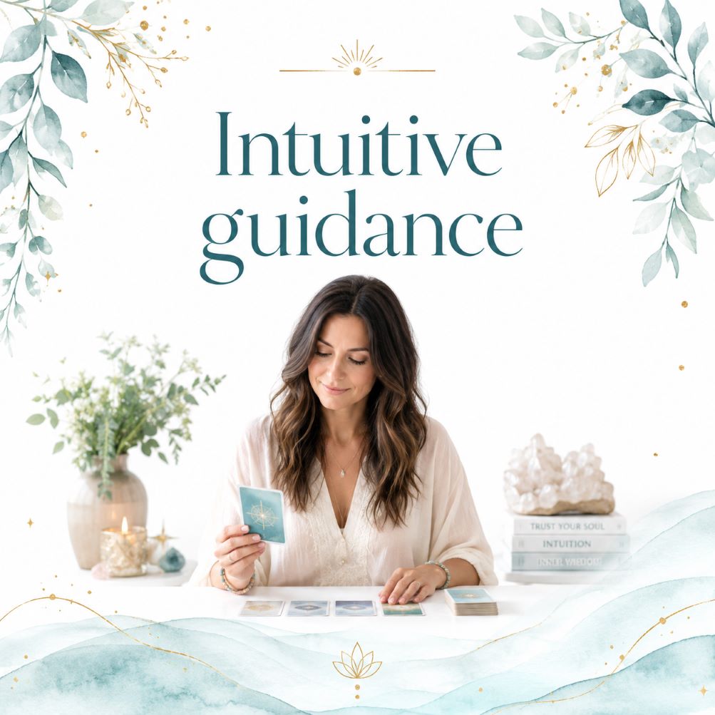 Intuitive guidance image for Twillow Lifestyle Community featuring a practitioner offering an intuitive card reading with teal botanicals, gold accents, crystals, candles, and a bright white background.
