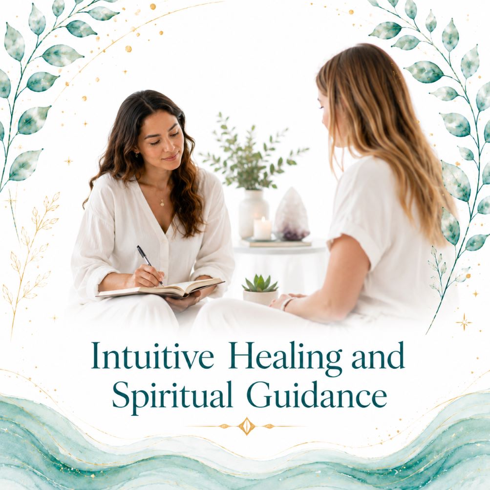 Intuitive healing and spiritual guidance image for Twillow Lifestyle Academy featuring two people in a supportive spiritual consultation with a journal, crystals, teal botanicals, gold accents, and a bright white background.