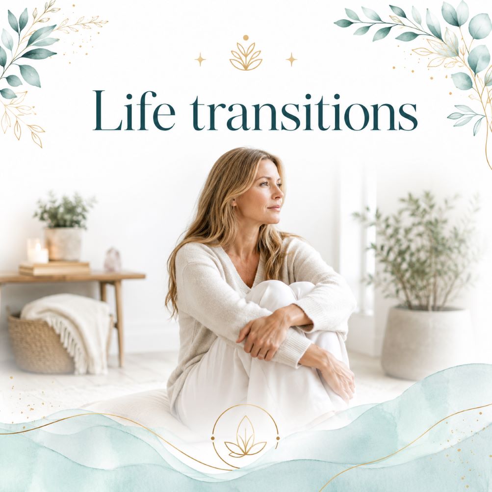 Life transitions image for Twillow Lifestyle Community featuring a peaceful person in reflection with journaling, teal botanicals, gold accents, and a bright white background.