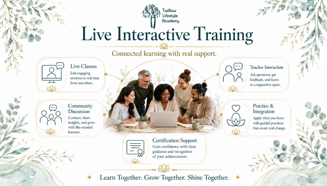 Live Interactive Training image for Twillow Lifestyle Academy featuring a diverse group learning together with live classes, community discussion, teacher interaction, practice and integration, certification support, teal botanicals, gold accents, and a bright white background.