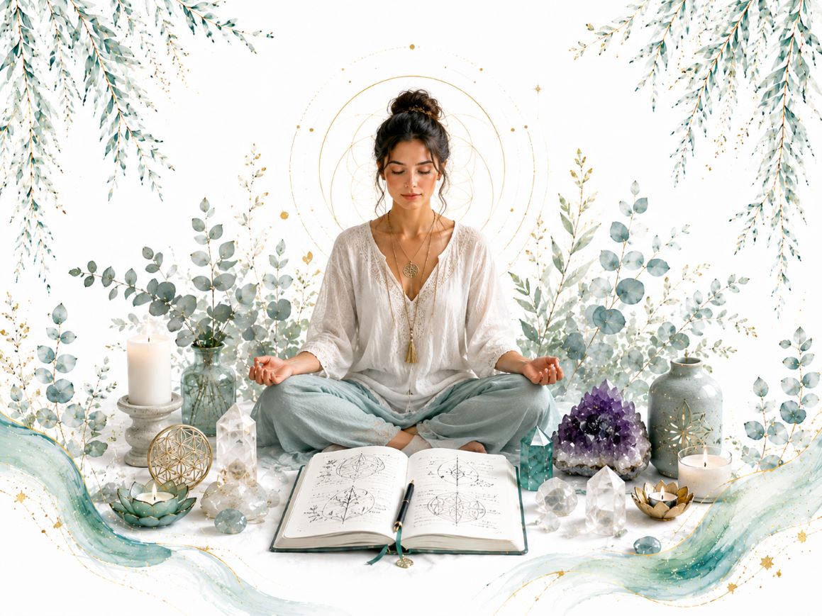 Meditation and Contemplation image for the Qabalah Program through Twillow Lifestyle Academy featuring a peaceful meditation setting with candles, crystals, teal botanicals, gold accents, and a bright white background.
