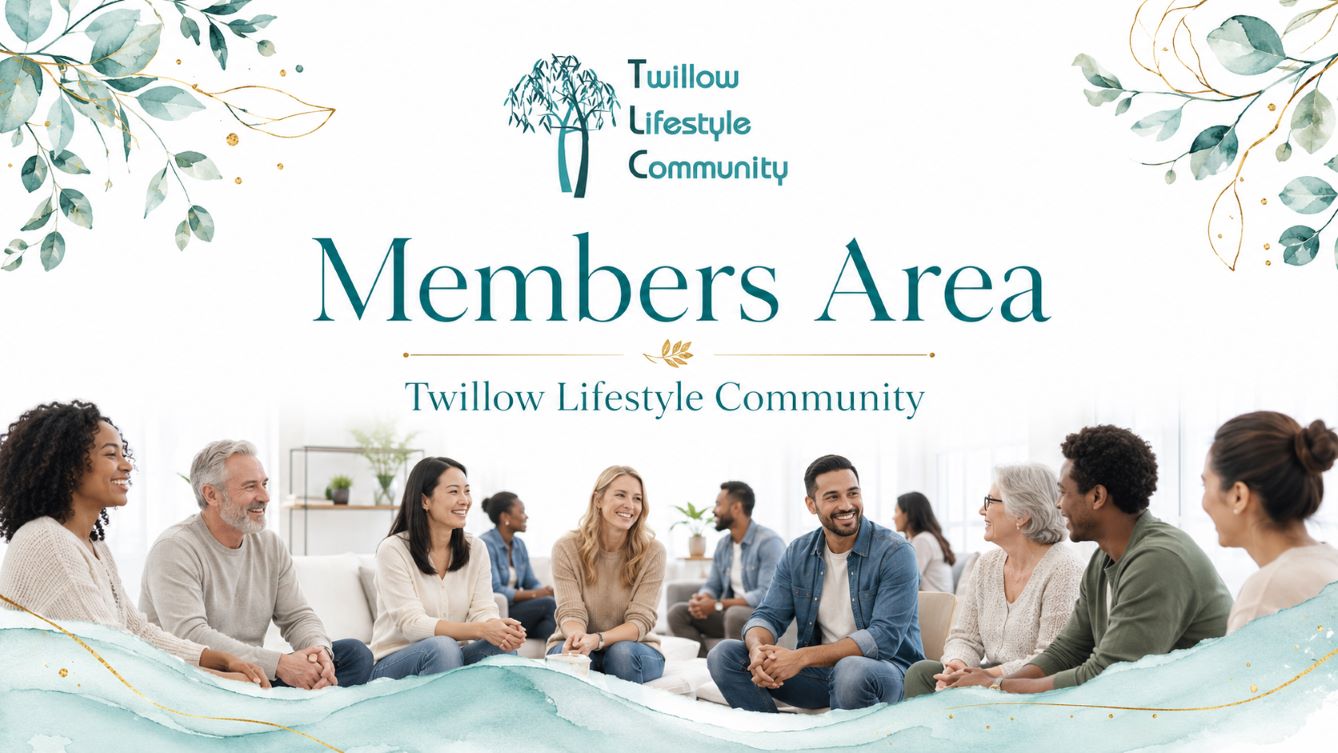 Members Area page image for Twillow Lifestyle Community featuring a diverse group gathered in a warm community setting with teal botanicals, gold accents, and a bright white background.