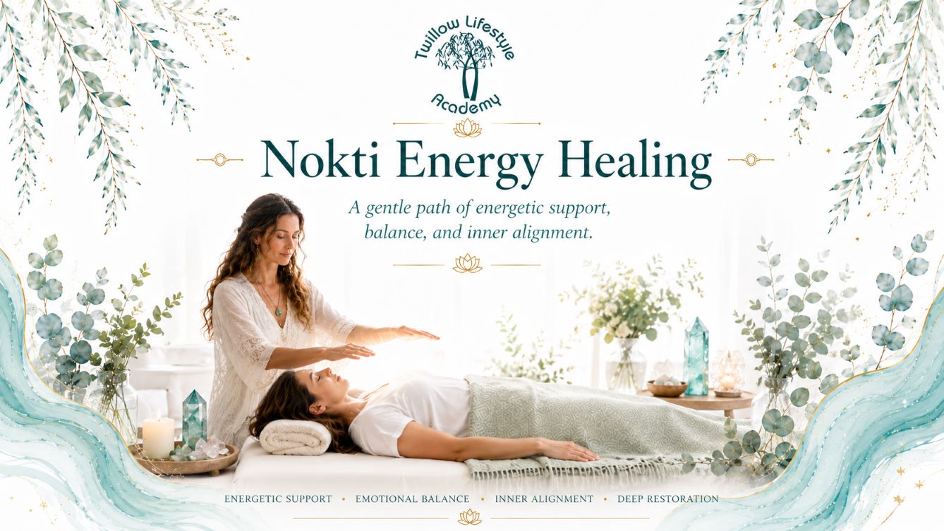 Nokti Energy Healing page image for Twillow Lifestyle Academy featuring a practitioner offering advanced energy healing to a client with crystals, teal botanicals, gold accents, and a bright white background.