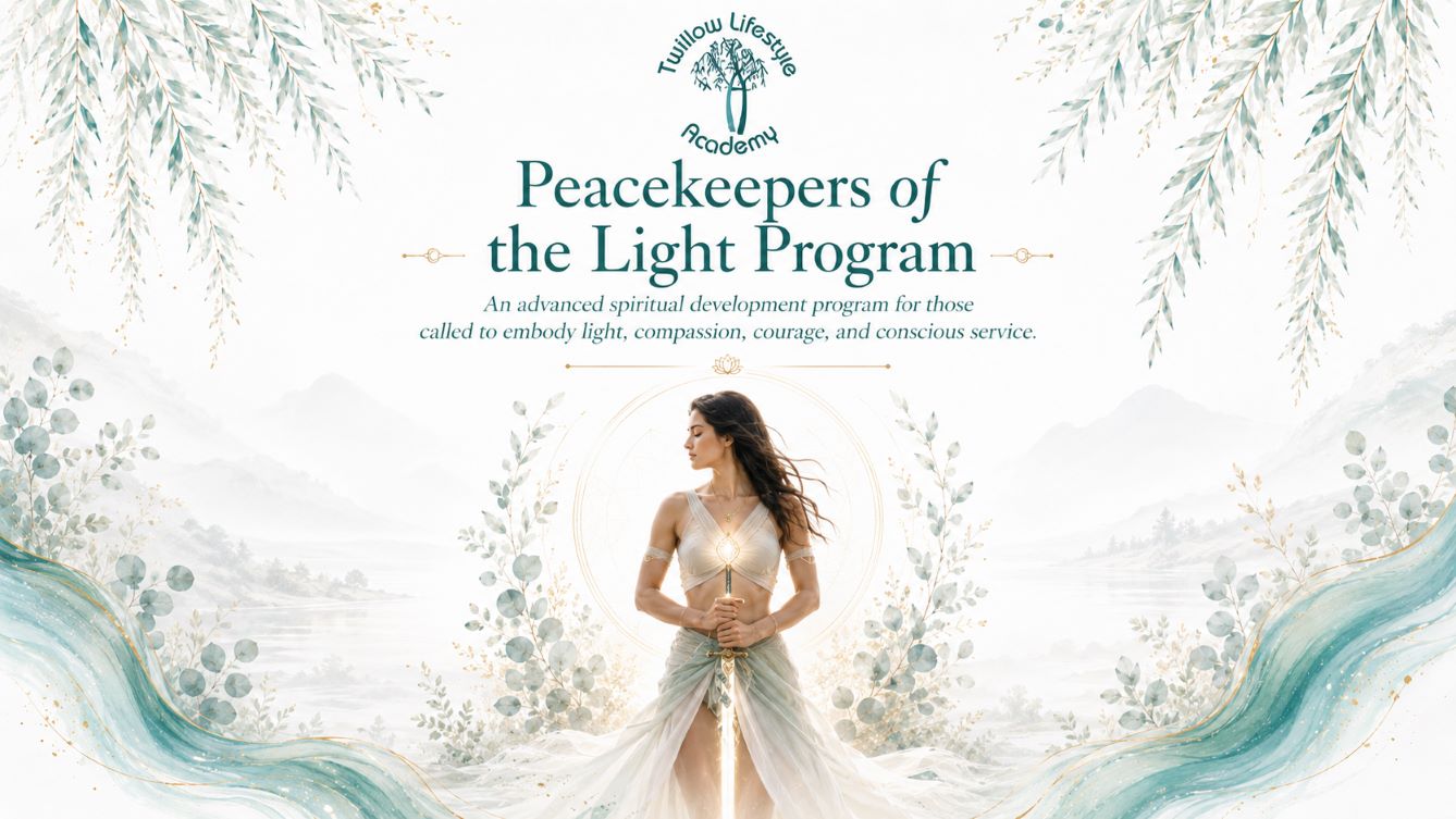 Peacekeepers of the Light Program cover image for Twillow Lifestyle Academy featuring a woman holding a glowing sword in a peaceful landscape with teal botanicals, gold accents, and a bright white background.