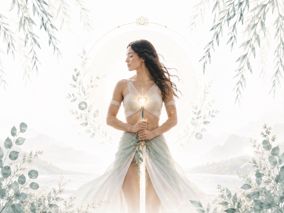 Peacekeepers of the Light Program image for Twillow Lifestyle Academy featuring a woman holding a glowing sword of light with teal botanicals, soft gold accents, and a peaceful white background.