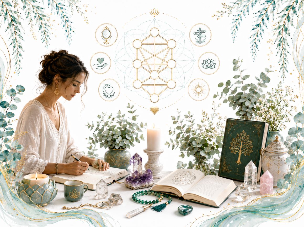 Personal Growth and Integration image for the Qabalah Program through Twillow Lifestyle Academy featuring a peaceful spiritual study setting with journal, crystals, teal botanicals, gold accents, and a bright white background.