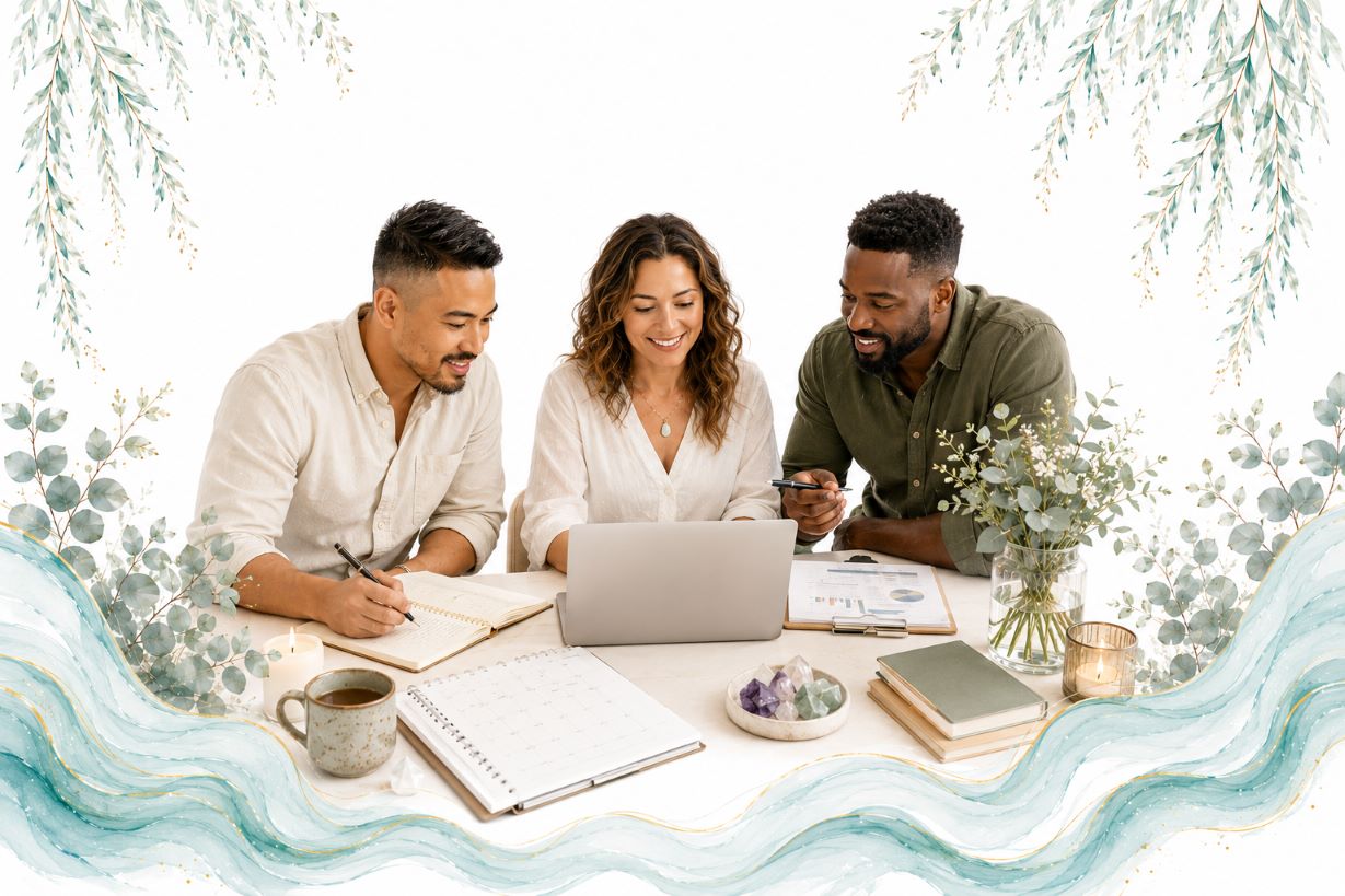 Practical Business Foundations image for Twillow Lifestyle Academy featuring a small group planning business systems with a laptop, calendar, journals, teal botanicals, gold accents, and a bright white background.