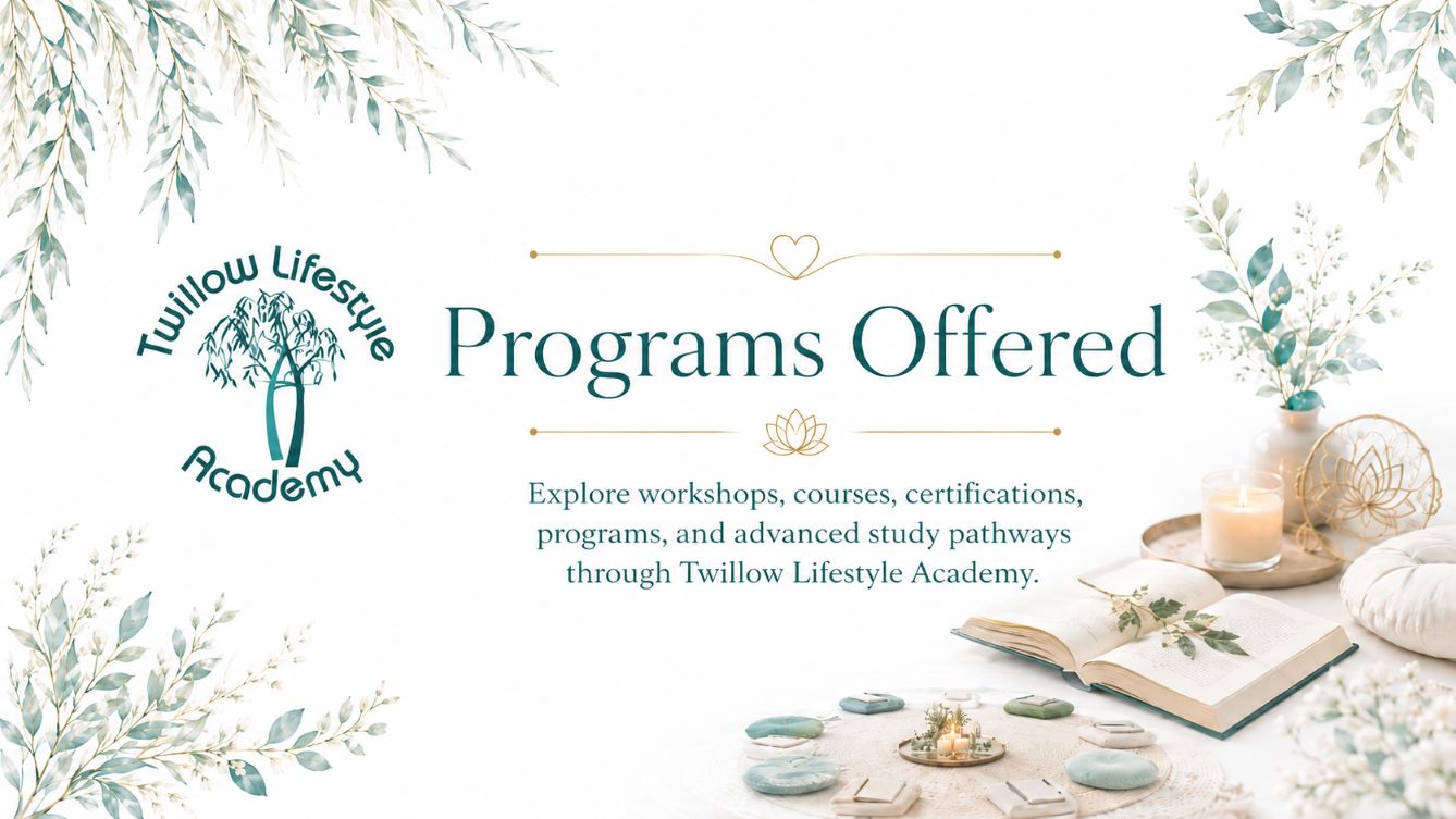 Programs Offered cover image for Twillow Lifestyle Academy featuring an open book, candles, teal botanical accents, gold details, and a peaceful white background.