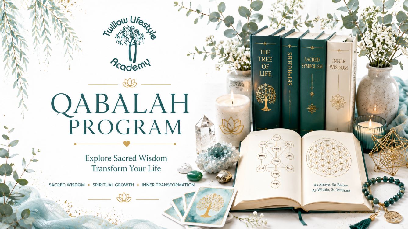 Qabalah Program cover image for Twillow Lifestyle Academy featuring the Academy logo, sacred wisdom books, Tree of Life symbolism, crystals, candles, teal botanicals, gold accents, and a bright white background.
