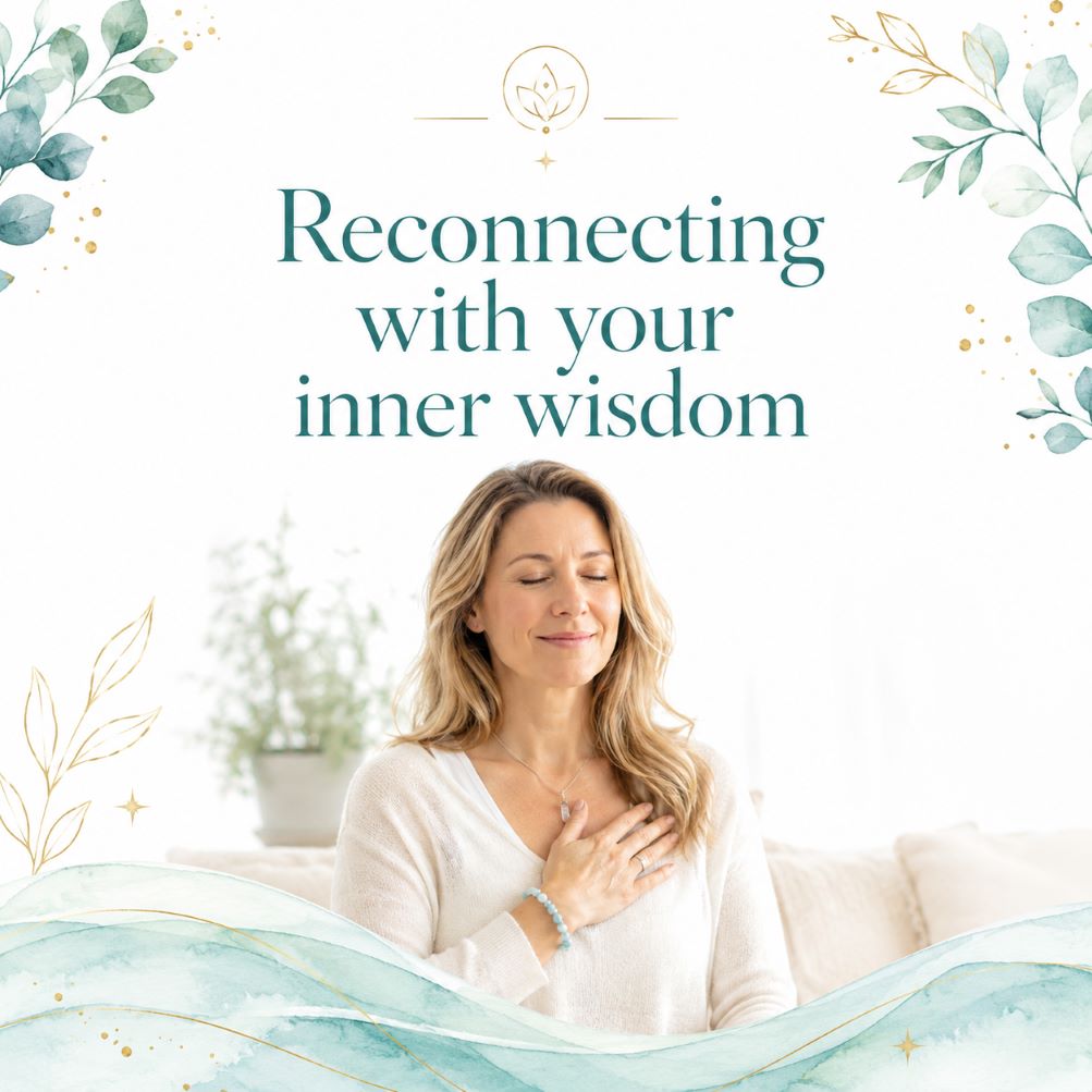 Reconnecting with your inner wisdom image for Twillow Lifestyle Community featuring a peaceful spiritual guidance setting with journaling, cards, candles, crystals, teal botanicals, gold accents, and a bright white background.