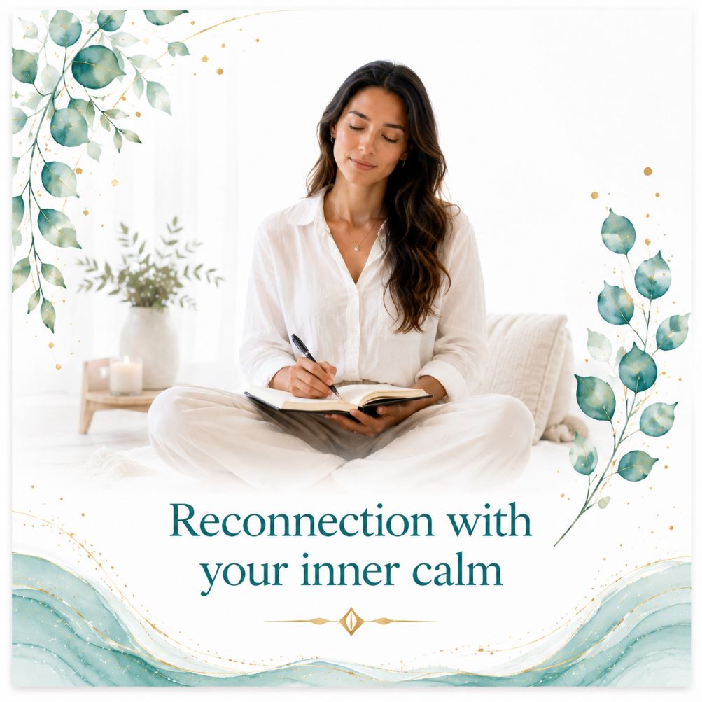 Reconnection with your inner calm image for Twillow Lifestyle Community featuring a peaceful person reading or reflecting in a serene wellness space with teal botanicals and gold accents.