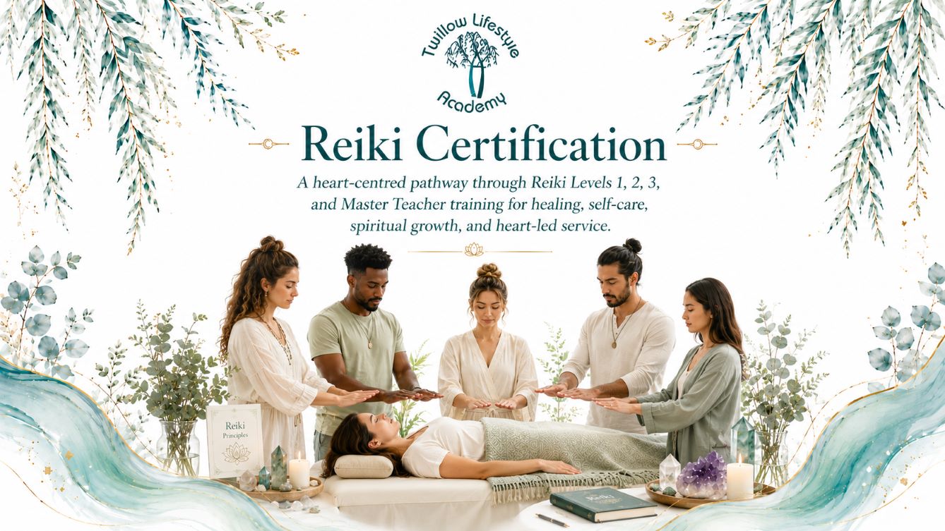 Reiki Certification page image for Twillow Lifestyle Academy featuring a diverse group practising Reiki around a client with crystals, candles, teal botanicals, gold accents, and a bright white background.