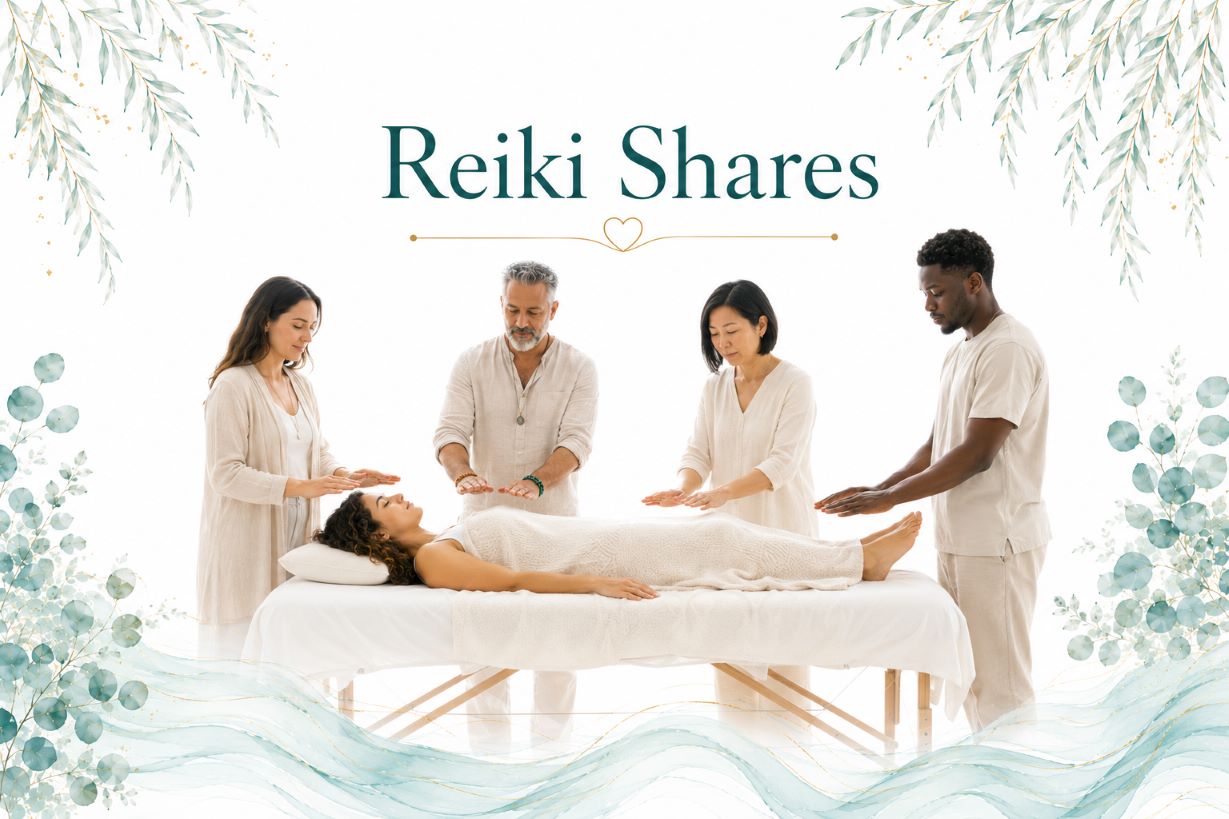 Reiki Shares image for Twillow Lifestyle Community featuring a diverse group offering Reiki energy healing to a person on a massage table with teal botanicals, gold accents, and a bright white background.