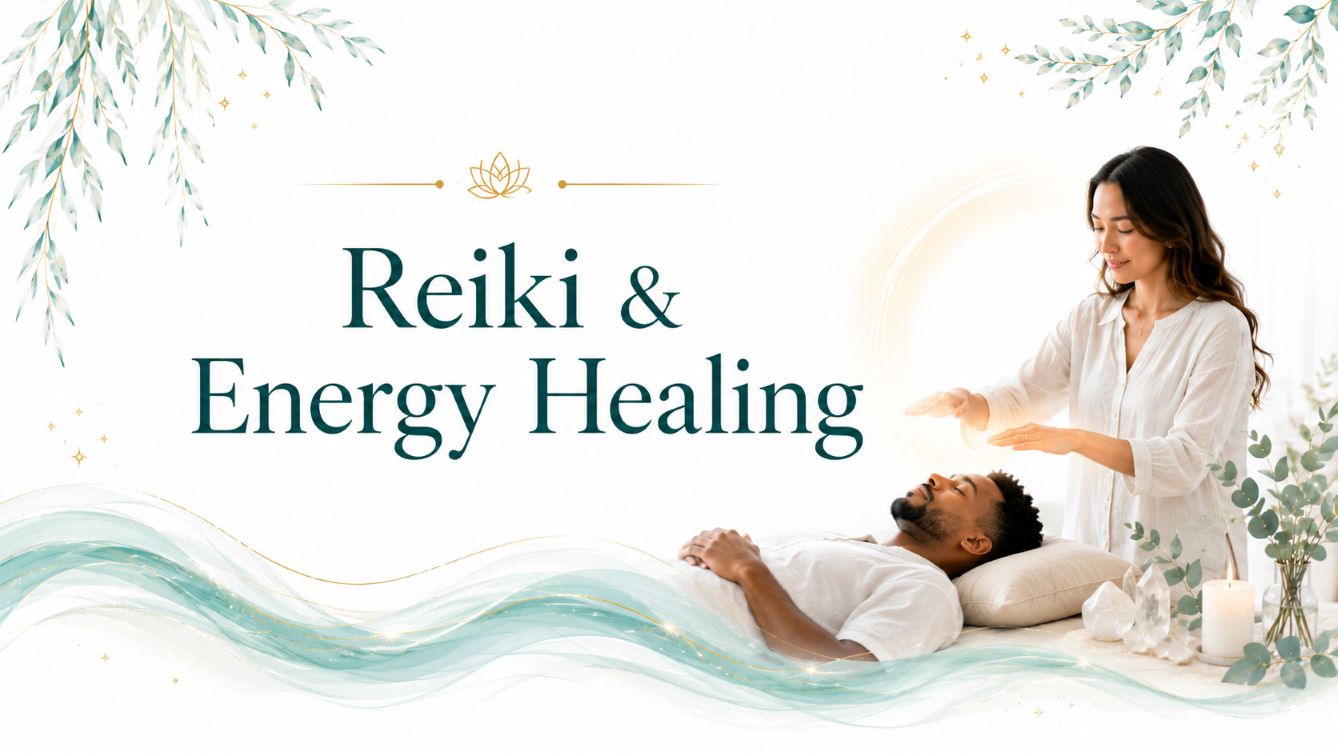 Reiki and Energy Healing image for Twillow Lifestyle Community featuring a practitioner offering Reiki to a client with teal botanicals, soft gold accents, and a bright white background.
