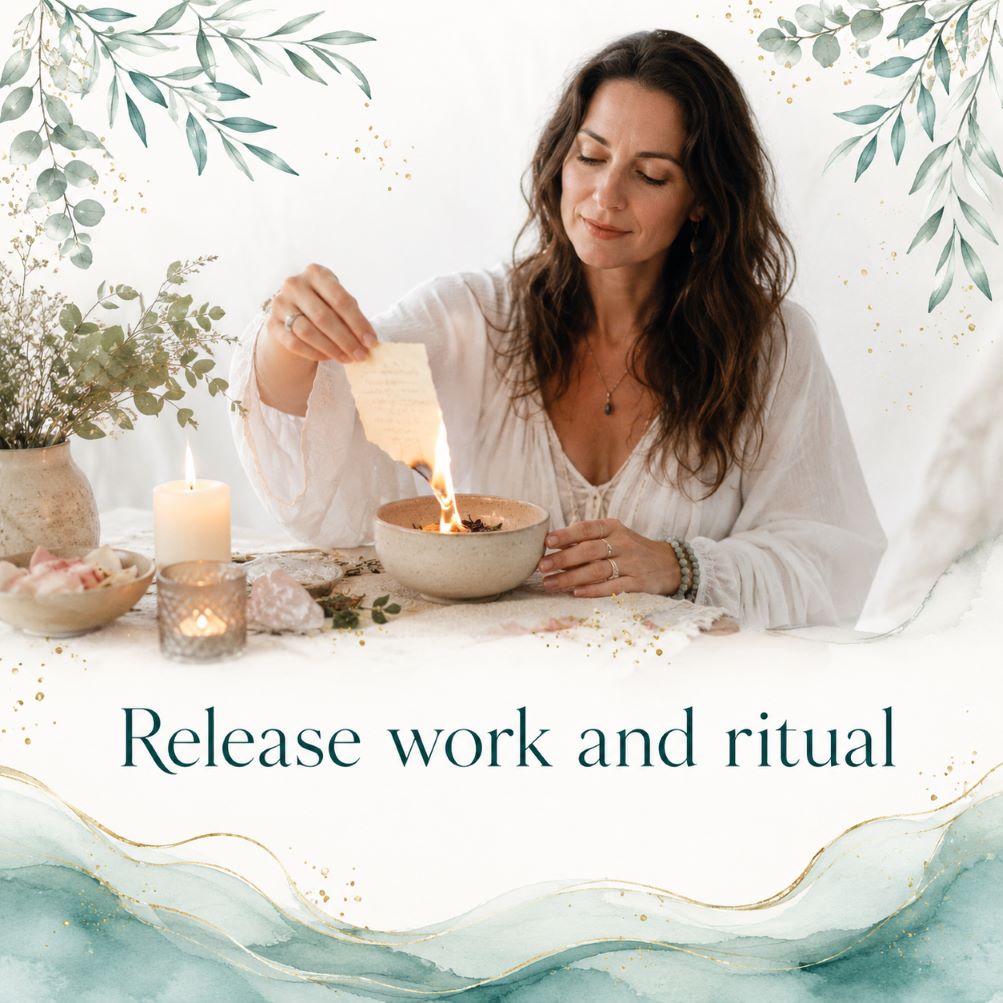 Release work and ritual image for Twillow Lifestyle Community featuring a person performing a symbolic release ceremony with candles, a bowl, teal botanicals, and gold accents.