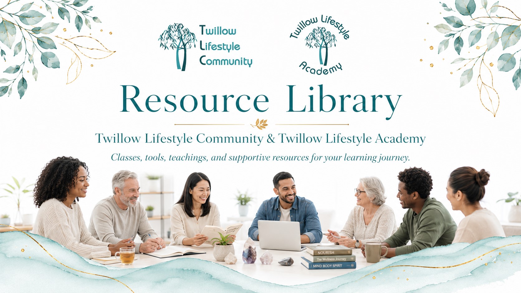 Resource Library page image for Twillow Lifestyle Community featuring books, journals, crystals, tea, soft teal botanicals, gold accents, and a bright white background.