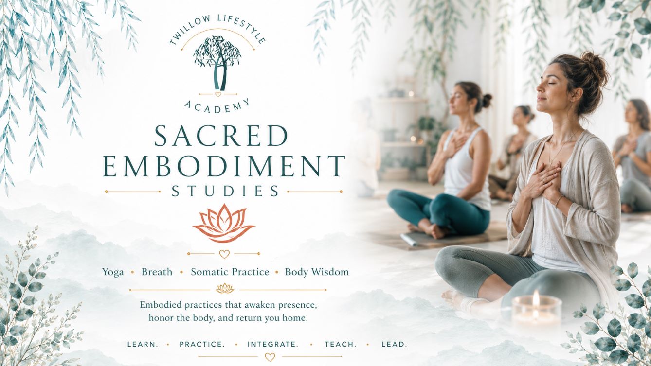 Sacred Embodiment Studies page image for Twillow Lifestyle Academy featuring a diverse yoga and meditation group practising breath awareness and embodied presence with teal botanicals, soft gold accents, and a bright white background.
