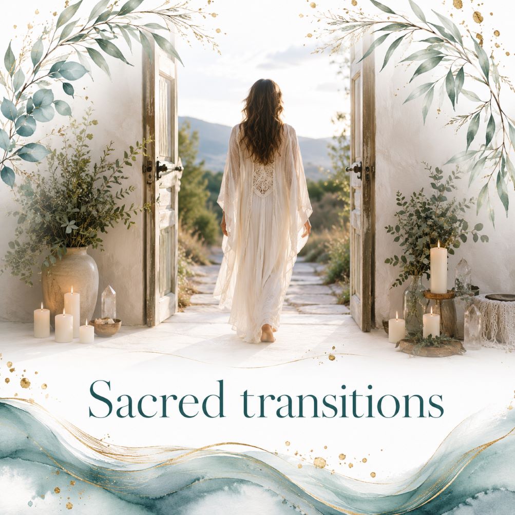 Sacred transitions image for Twillow Lifestyle Community featuring a person walking through an open doorway into nature with candles, teal botanicals, gold accents, and a bright white background.